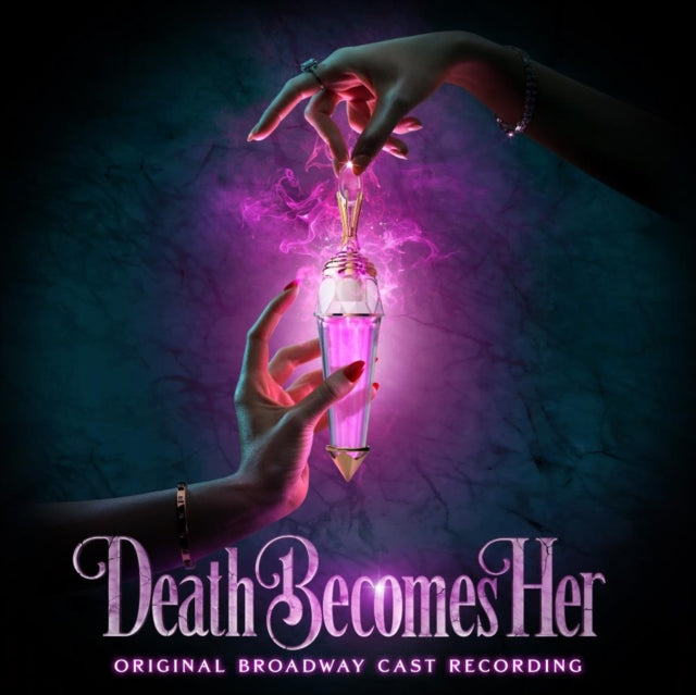 Two hands holding a glowing pink potion bottle with 'Death Becomes Her' text on a dark background
